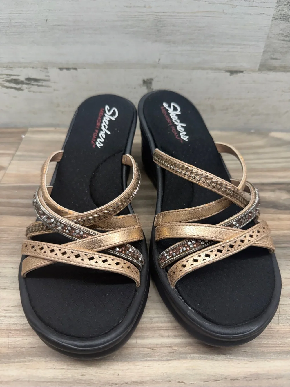 Skechers Rumblers Wave Rose Gold Wedge Sandals Rhinestone Strappy Womens 8